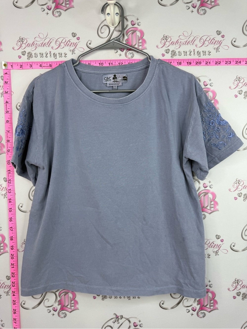 C&C California sun washed blue Lavender Short-Sleeve Tee Embroidered Sleeves